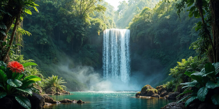 Beautiful waterfall in North East India with crystal-clear water and forest backdrop