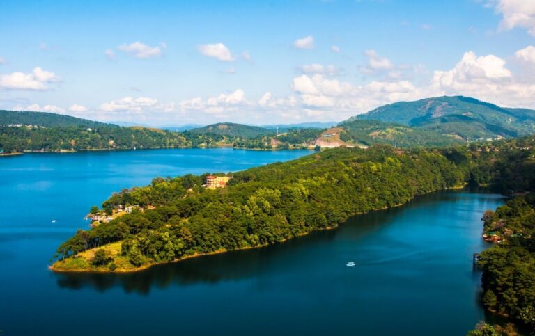 Scenic view of Umiam Lake in Shillong surrounded by green hills