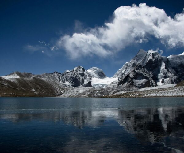 Panoramic landscape of Sikkim with snow-capped mountains and terraced farms