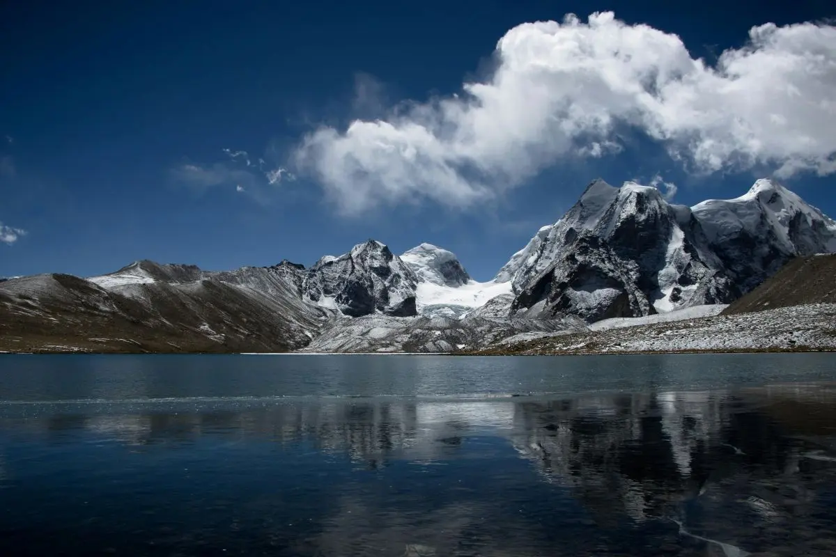 Scenic view of Tsomgo Lake surrounded by snow-covered mountains in Sikkim.