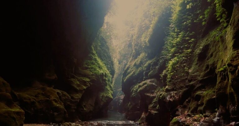 Lush green cliffs and turquoise water at Wari Chora, an offbeat destination in Meghalaya.