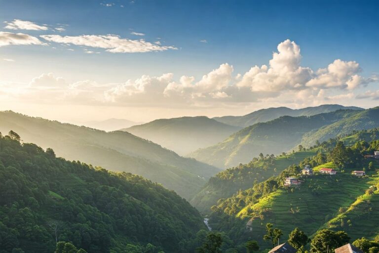 Traditional Khasi houses in Village nestled among lush Meghalaya hills.