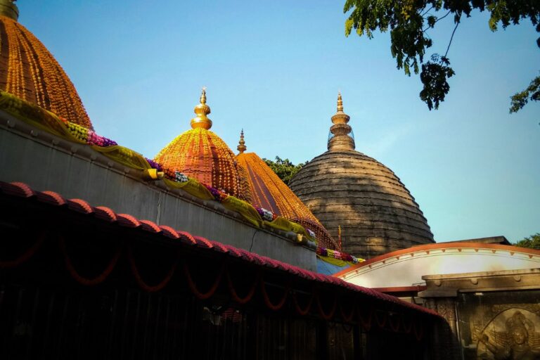 Kamakhya Temple’s red dome and carvings surrounded by lush greenery in Guwahati.